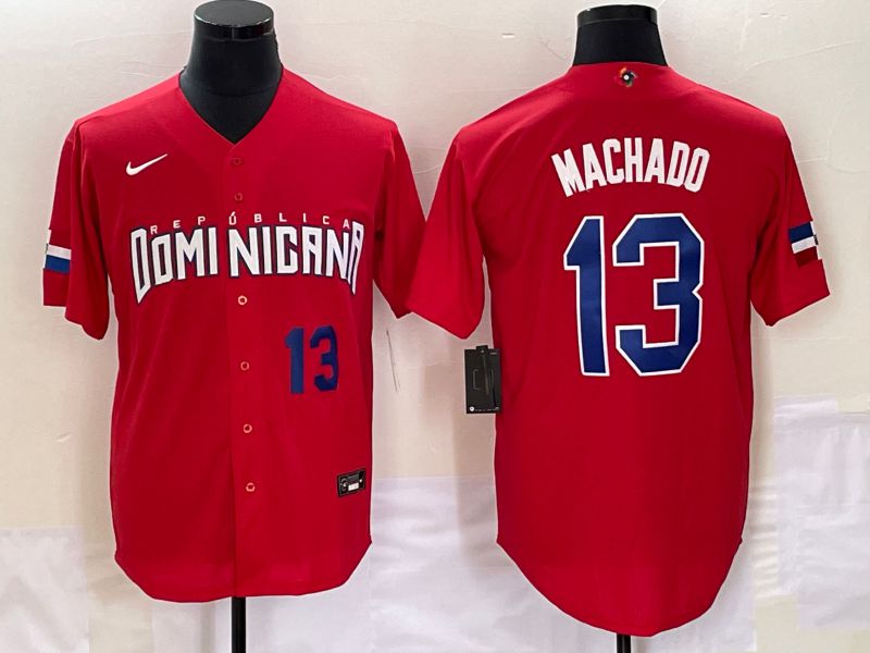 Men 2023 World Cub Dominicana 13 Machado Red Nike MLB Jersey1